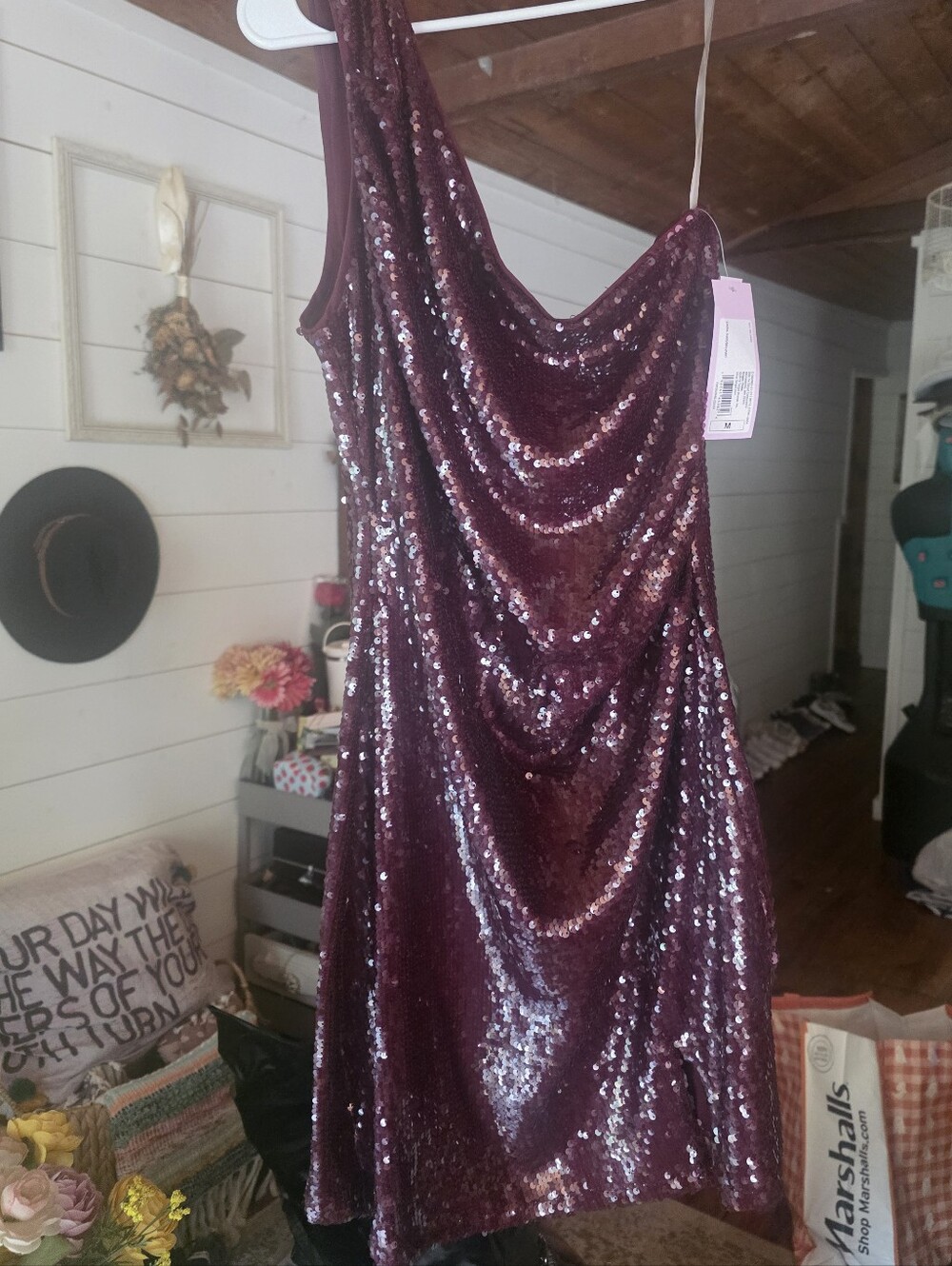 Wild Fable One-Shoulder Sequin Dress in Burgundy